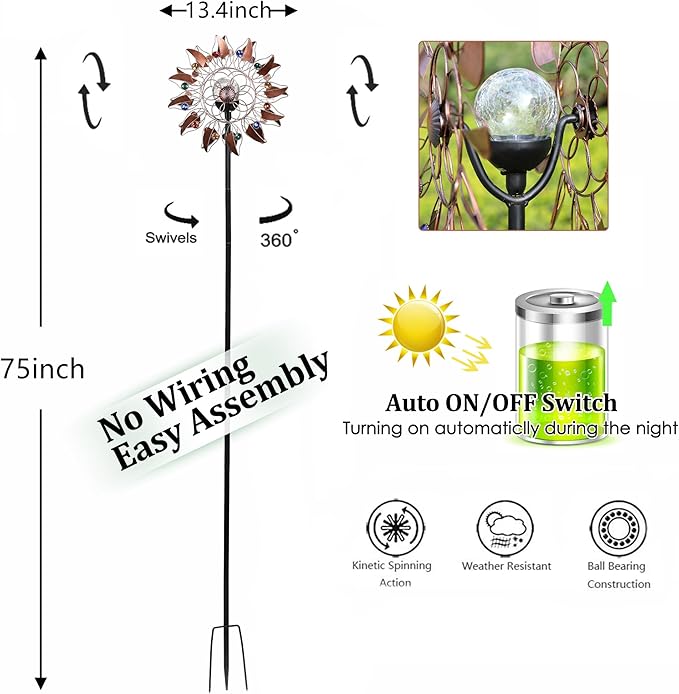 Solar Wind Spinner Multi-Color LED Lighting by Solar Powered Glass Ball with Kinetic Wind Aculptures Dual Direction Decorative Lawn Ornament Wind Mill