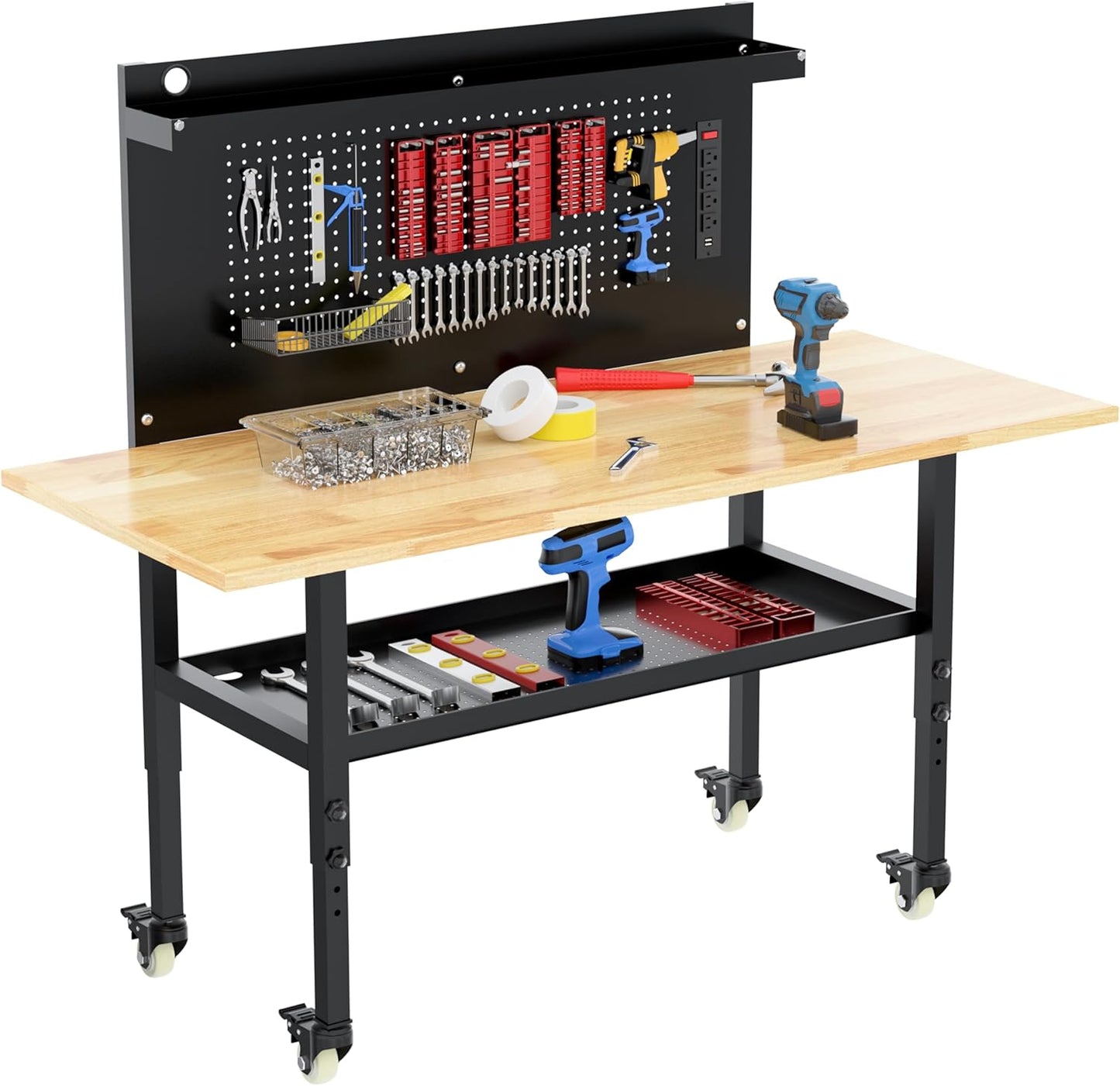 60" Heavy Duty Adjustable Workbench with Large Pegboard& Partition, Adjustable Work Table with Power Outlets & Lockable Wheels, Rubber Wood Workstation for Garage, Workshop, Office, Home, Commercial