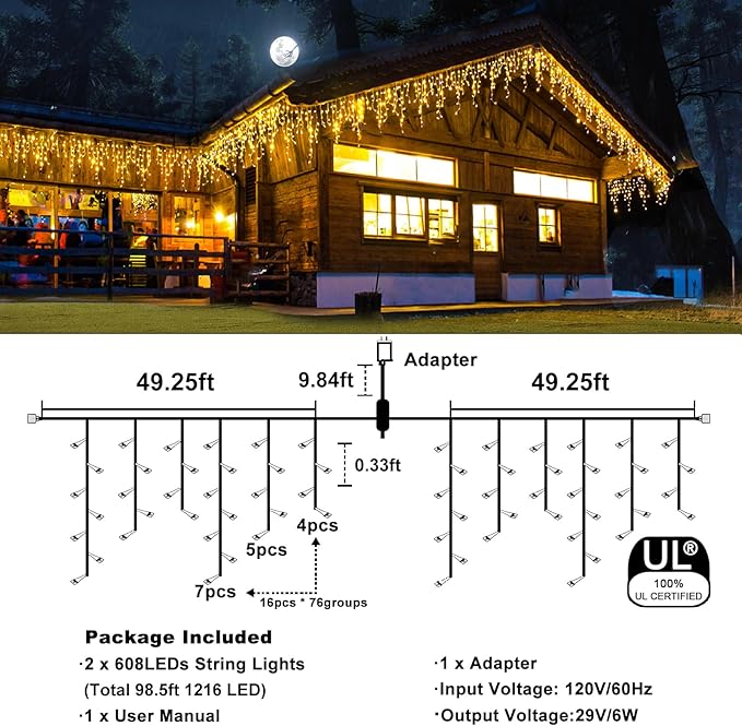 Icicle Christmas Lights, 98FT 1216 LED Icicle Lights for Outside with 228 Drops, 8 Modes Waterproof Twinkle String Lights for House Bedroom Wedding Holiday Decorations, Warm White