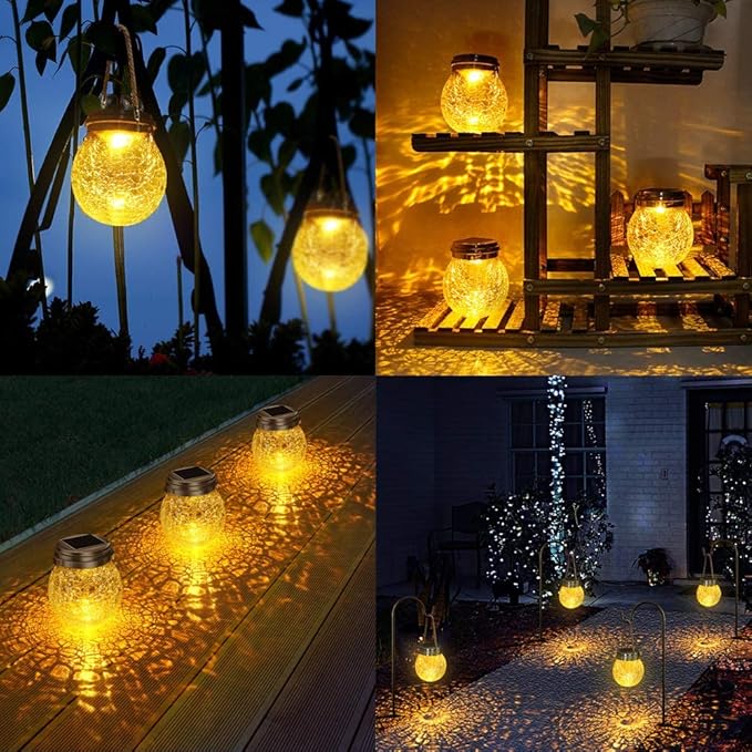 DBF Solar Lanterns Outdoor Waterproof, 4 Pack Hanging Solar Lights Outdoor, LED Cracked Glass Ball Globe Lantern Garden Decor for Patio Backyard Pathway Tree Porch Fence Events (Amber Warm & RGB)