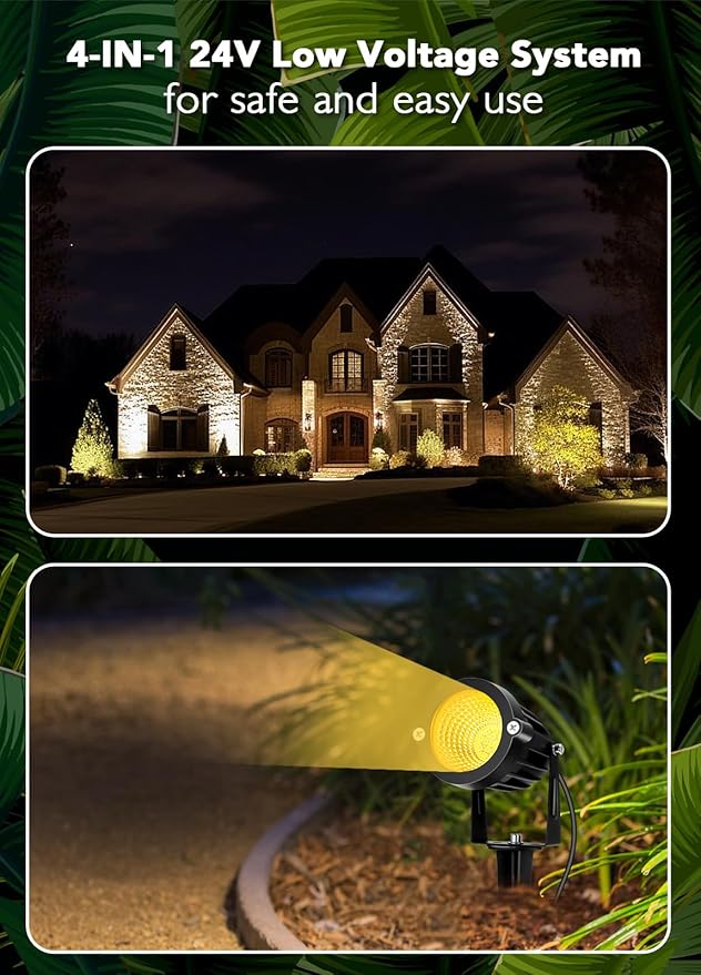 Low Voltage Landscape Lighting Kit: 4-IN-1 LED Landscape Lights with Stepless Color Temperature 2700K-6500K & Stepless Dimming & Timer | 6W Outdoor Spot Lights with Plug-in Transformer for Yard Garden