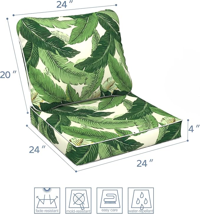 LVTXIII Outdoor Deep Seat Cushion 24"x24"x4" Patio Seat and Back Cushion Set Seasonal Chair Cushion for Dining Arm Chairs, Wicker Chairs and Garden Furniture Decoration, Swaying Palms Green