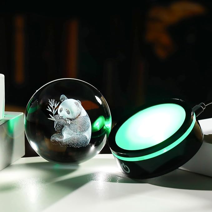 YWHL 3D Panda Figurine Crystal Ball with Colorful Light Base, Panda Gifts for Women Men on Christmas Birthday, 3D Laser Engraved Full Sphere Glass Decorative Ball for Home Office (80mm)