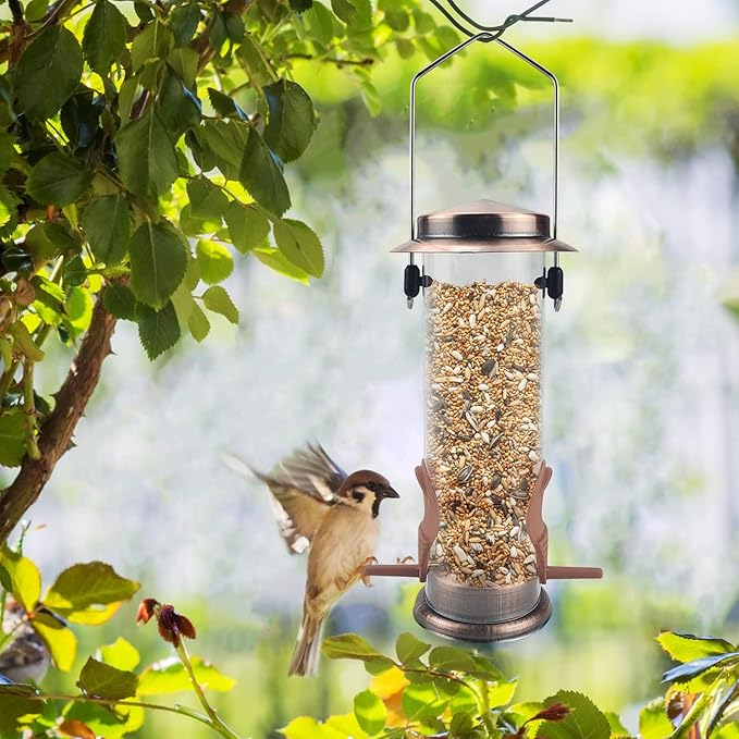 MIXXIDEA Wild Bird Feeders for Outdoors Hanging 2 Pack Stainless Steel Tube Bird Feeder, Water Resistant Finch Bird Feeder for Garden Backyard Decoration Attractive Metal Thistle Feeder (Copper)