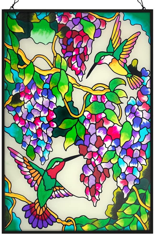 VEWOGARDEN Hummingbird Stained Glass Window Hangings 10" W x 15" H Bird Suncatcher Panel with Chain Windows Hanging Decor Ornament Gift