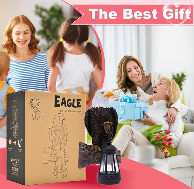 Eagle Tree Hugger with Solar Lantern - 8 Inch Resin Eagle Statue for Outdoor Garden Decor - Ideal Eagle Housewarming & Birthday Gifts for Grandma Mom Women
