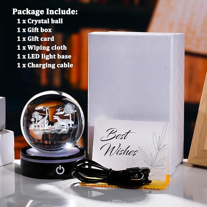 YWHL 3D Dinosaur Figurine Crystal Ball with Colorful Light Base, Dinosaur Gifts for Women Men on Christmas Birthday, 3D Laser Engraved Dinosaur Full Sphere Glass Decorative Ball for Home Office (80mm)