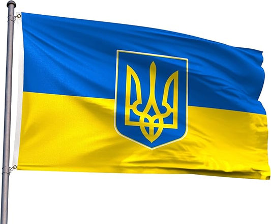 Ukraine Trident Flag 5x8FT Ukrainian Coat of Arms National Polyester Banner With 2 Grommets Fade Resistant Vivid Color For Patriotic Festival Events Party Decoration