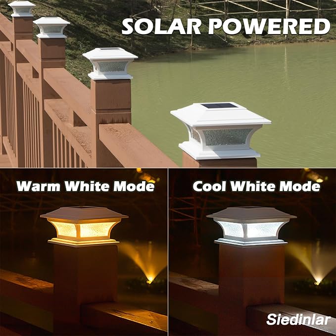 SIEDiNLAR Solar Post Lights Outdoor Glass LED Fence Cap Light 2 Modes for 4x4 5x5 6x6 Posts Deck Patio Garden Decoration Warm White/Cool White Lighting White (4 Pack)