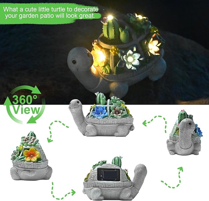 Garden Decor Statue,Solar Turtle with Succulent & 6 LED Lights - Outdoor Figurine for Lawn Decoration, Gifts for mom，Handcrafted Resin Sculpture -Garden Lovers/Mothers Day/Christmas Day Gift