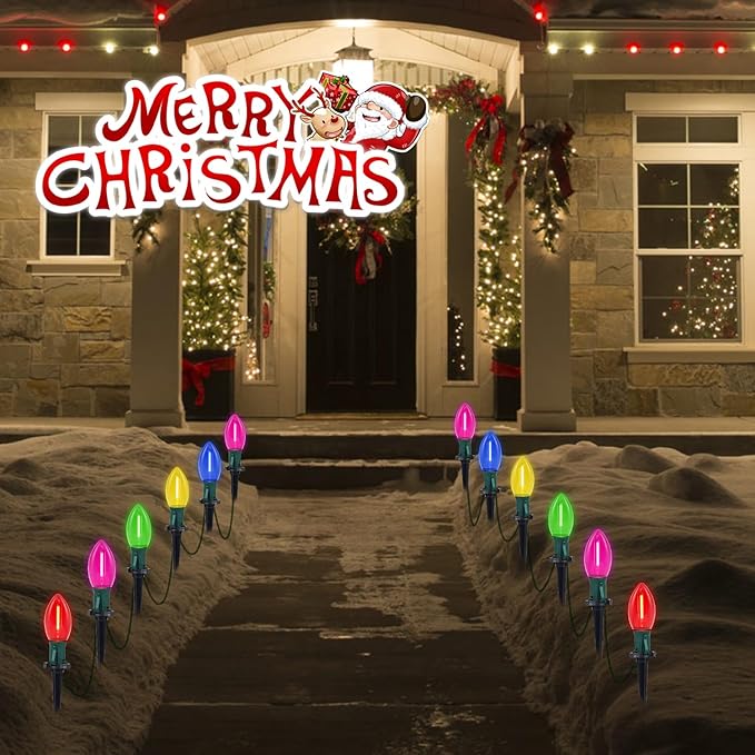 C9 LED Christmas Pathway Lights, 38FT Multi-Color Christmas Pathway String Lights with 25 Multi-Color LED Light Bulbs and Stakes for Outdoor Walkway Driveway Backyard Christmas Decorations