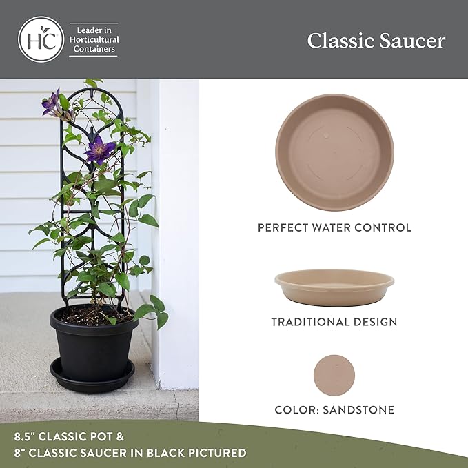 The HC Companies Flower Pot Saucers - Plastic Plant Saucer for Outdoors & Indoors - Traditional Design Plant Pot Trays for Water Drainage - Durable & Stylish Round Plant Tray (8-inch Sandstone)