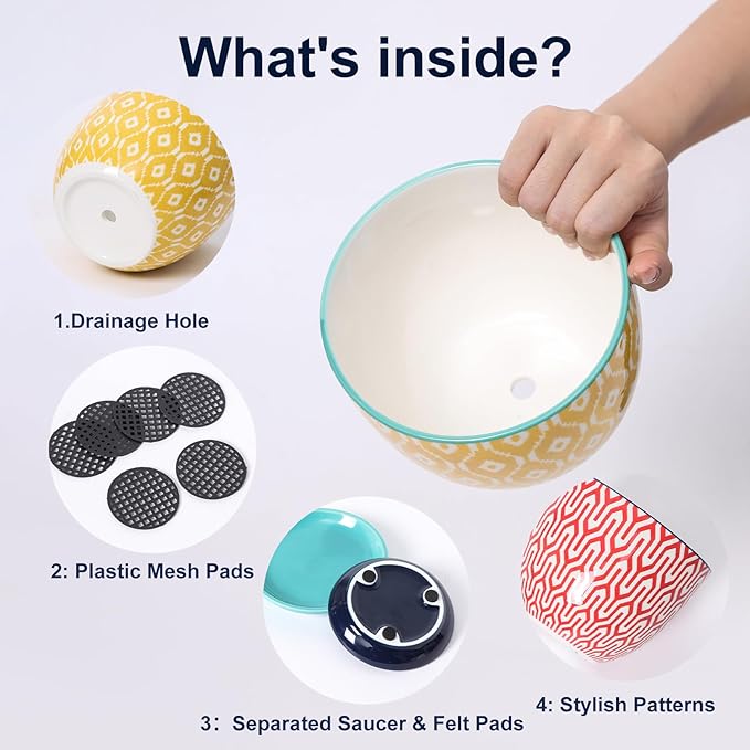 Selamica Ceramic Plant Pots, 5.6 Inch Flower Pots for Indoor Plants, Planters with Drainage Hole and Saucer, Garden Pots for Succulent, Orchid, Home Decor, Set of 4, Assorted Colors