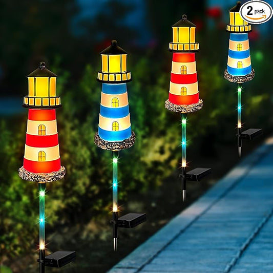 Solar Lights Outdoor Waterproof, Lighthouse Lights 4 Packs 7 Light Color Changes Suitable for Outdoor Gardens, Walkway Light Lawn, Flower Bed Solar Garden, Patio Decoration,