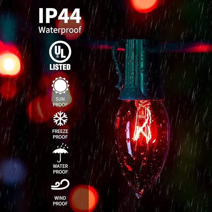 C9 Christmas String Light Red, 50ft Vintage Christmas Tree Lights, Outdoor Roofline String Lights with 50+2 Red Bulbs for Patio Garden Holiday Indoor Home Xmas Decoration, Green Wire