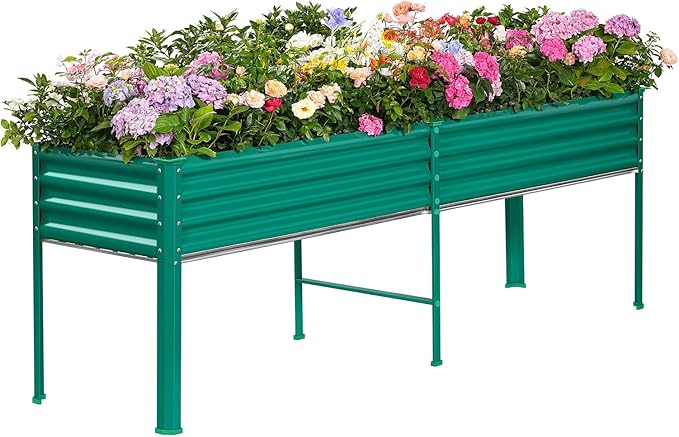 Land Guard Galvanized Raised Garden Bed with Legs, 96×24×32in Raised Garden Beds Outdoor with Drainage Holes, Planter Boxes Outdoor for Backyard, Patio, Balcony, 800lb Capacity, Green