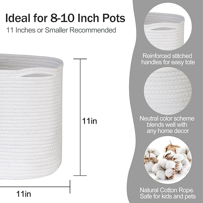 Cotton Rope Plant Basket, Woven Basket Planter for 10 inch Pot, Round Indoor Tree Pot Cover, Small Storage Bin Organizer, Basket for Plants and Home Decor, 11”X11”, White