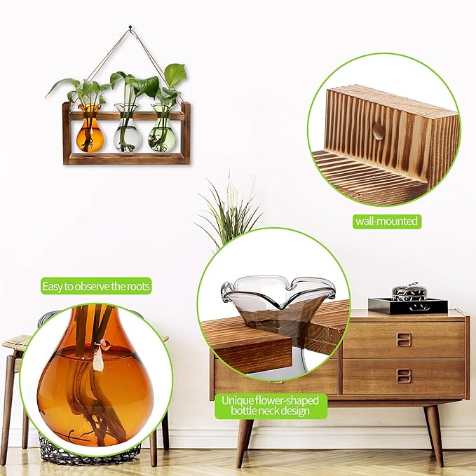 Plant Propagation Station Plant Terrarium Unique Birthday Gifts for Women Plant Lovers Home Office Decor Planter with Wooden Stand - 3 Bulb Glass Vase