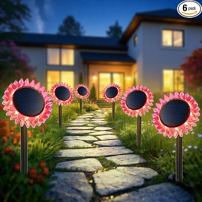 Outdoor Solar Lights, 6 Pack Led Solar Sunflower Lights, Stake/Wall 2-in-1 Waterproof Solar Garden Lights for Yard, Landscape, Fence, Patio, Driveway, Pathway, Backyard Decoration (Warm White)
