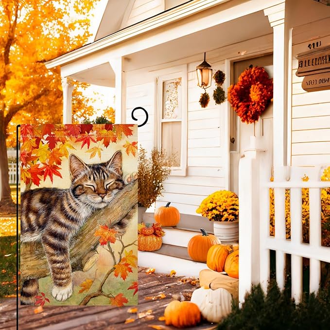 BLKWHT Fall Cat Garden Flag 12x18 Vertical Double Sided Autumn Leaves Thanksgiving Holiday Outside Decorations Burlap Yard Flag BW699