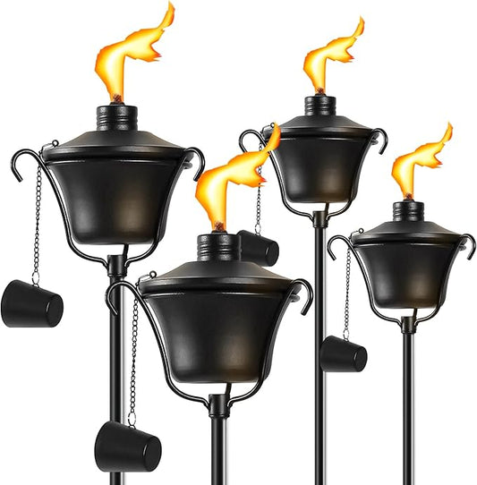 Citronella Torches Set of 4, 3-Prong Grounded Stake Outdoor Torches ，14.5 oz Garden Torches for Outside, 58 inch Outdoor Decorative Torch