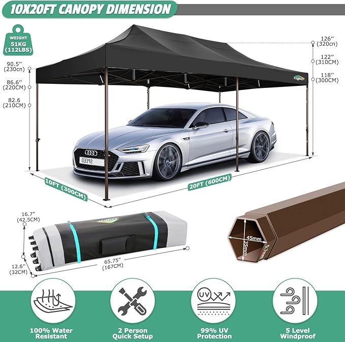 COBIZI 10x20 Pop Up Canopy Heavy Duty Without Sidewalls, Commercial Heavy Duty Pop Up Tent for Parties All Weather Waterproof and UV 50+ Wedding Tent with Roller Bag(Legs Upgraded),Black