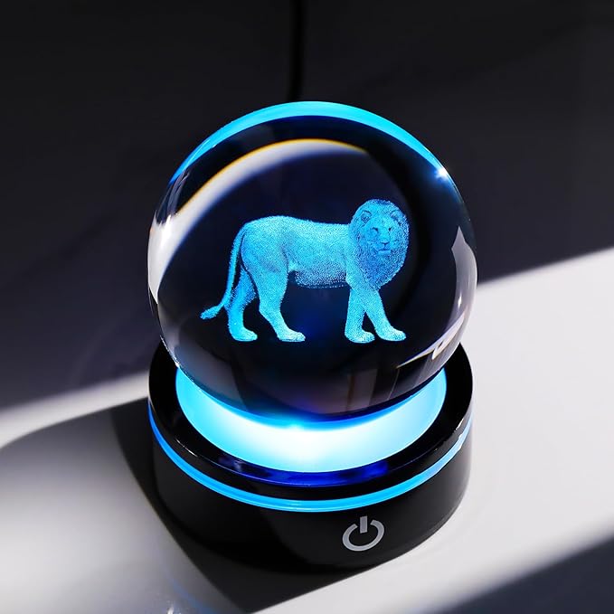 YWHL 3D Crystal Ball Lion Figurine with LED Base, Lion Gifts for Men Women Lions Lovers on Christmas Birthday, Lions Ornament Glass Sphere Decorative Ball for Home Decor (80mm)