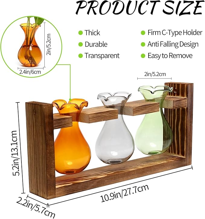 Plant Propagation Station Plant Terrarium Unique Birthday Gifts for Women Plant Lovers Home Office Decor Planter with Wooden Stand - 3 Bulb Glass Vase