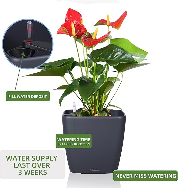 Dexceder 18x17 Self Watering Planter with Wheels Indoor Outdoor, Inner Mat Design, Thickened Large Floor Standing Flower Plant Pot with Water Level Indicator (Slate Gray Matte)