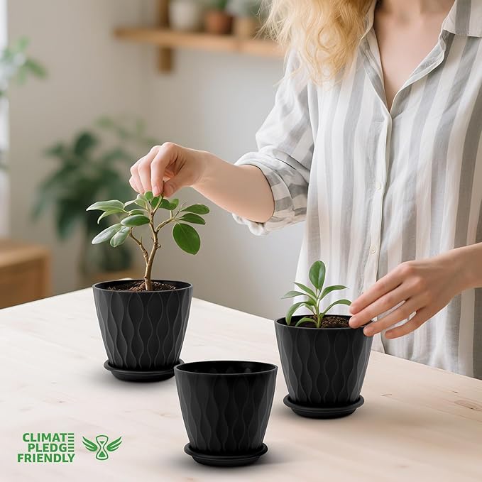 4 inch Plant Pots, 5 Pack Flower Pots Outdoor Indoor, Planters with Drainage Holes and Tray Saucers(Black)