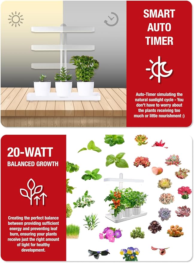 TORCHSTAR Indoor Herb Garden with LED Grow Light, Height Adjustable, 20W Growing System with Automatic Timer, CRI 95+, Full Spectrum Plant Light for Seeds, Vegetation, Home, White, No Pots or Plants