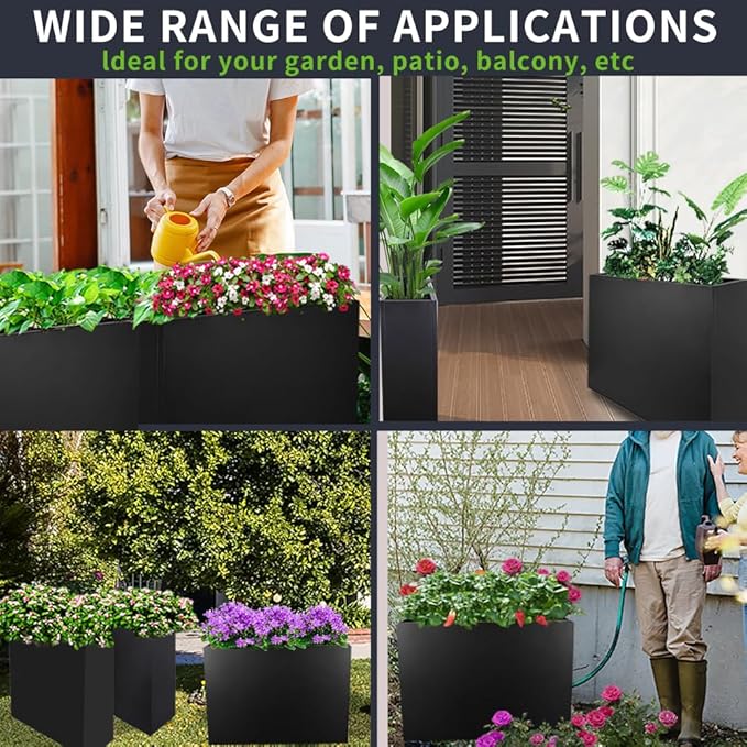 Metal Tall Long Planter Box Large Rectangular Planter Flower Pot with Drainage Holes for Indoor Outdoor Deck Porch Garden Home Patio Front Door (Black, S)