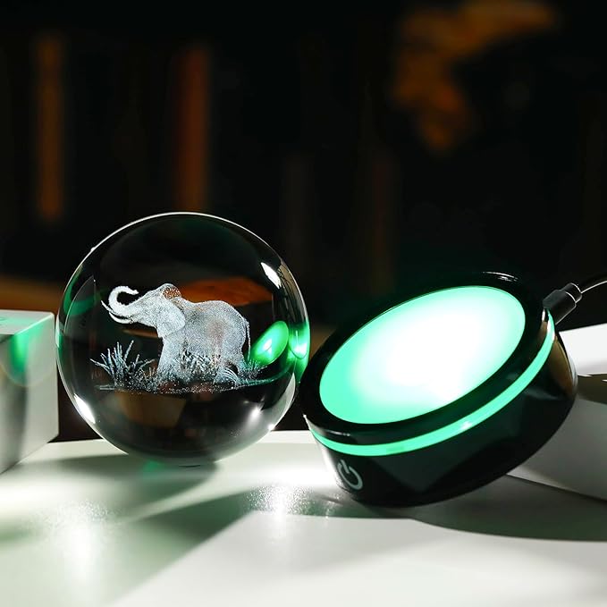 YWHL 3D Elephant Figurine Crystal Ball with Colorful Light Base, Elephant Gift for Women and Men on Christmas or Birthday, 3D Laser Engraved Full Sphere Glass Decorative Ball for Home or Office (80mm)