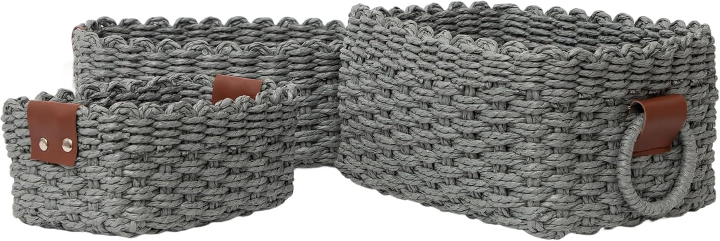 Small baskets for Organizing,Cute woven Storage basket with recycled paper rope for Shelves Bathroom,Little decorative basket,Set of 3 (Dark Grey)