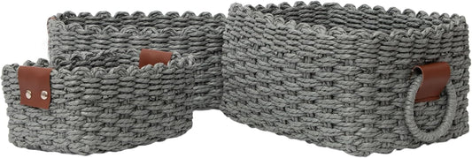 Small baskets for Organizing,Cute woven Storage basket with recycled paper rope for Shelves Bathroom,Little decorative basket,Set of 3 (Dark Grey)