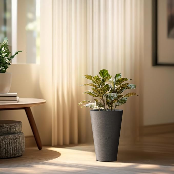 Kante Tall Round Planter Set of 2, 15 Inch Tall Decorative Planter Pots for Outdoor Indoor Garden Patio Front Porch (Black)