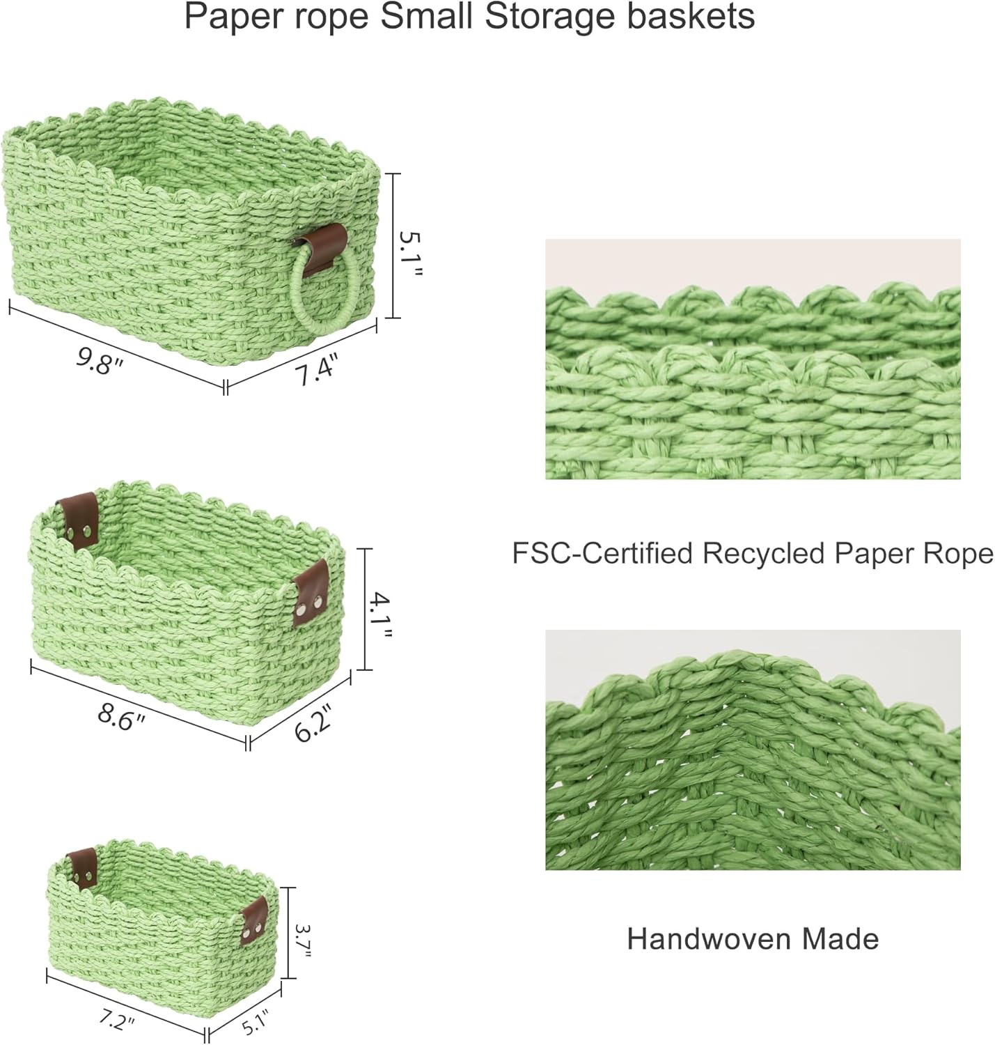 Small baskets for Organizing,Cute woven Storage basket with recycled paper rope for Shelves Bathroom,Little decorative basket,Set of 3 (Light Green)