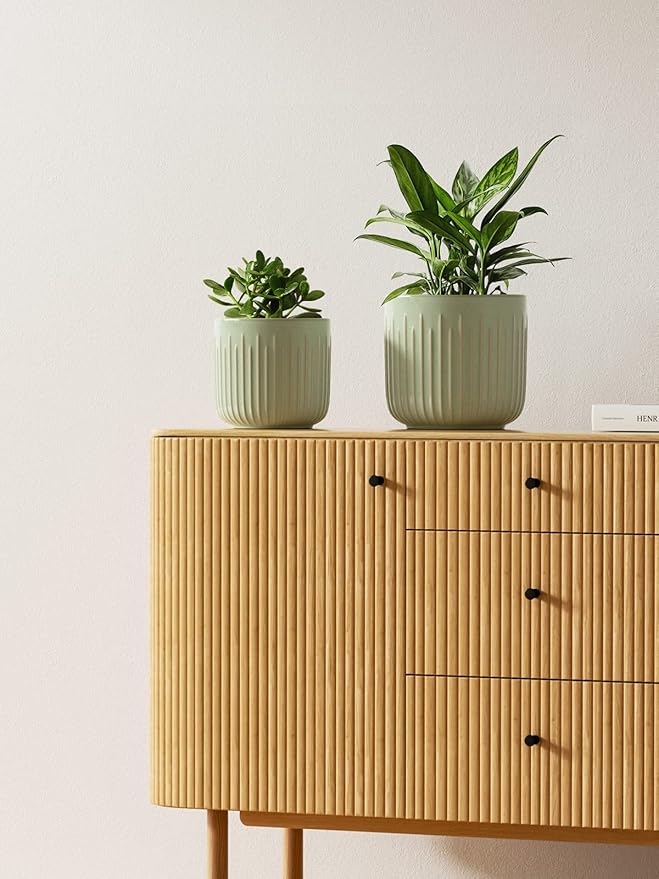 LE TAUCI Ceramic Planters, 8.3+6.9+5.7 Inch Plant Pots for Indoor Plants, Set of 3 Flower Pot with Drainage Holes, Large Round Planters Pot for Indoor House Plants, Reactive Glaze Sage Green