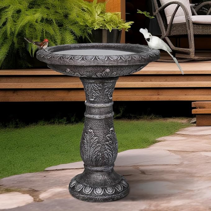 24.4" H Cement Bird Bath for Garden- Fibre Reinforced Concrete Bird Baths for Outdoors, Large Size Vintage Carved Pedestal Birdbath for Patio, Yard, Lawn -20”Dia. X 24.4”H Bird Fountain