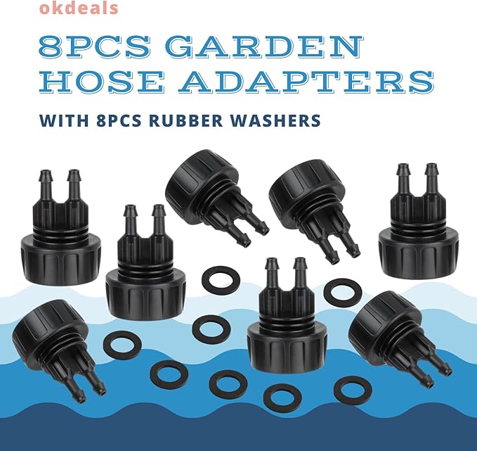 8pcs Garden Hose Adapters, 3/4'' Faucet Convert to 1/4'' Drip Irrigation Tubing, Drip Irrigation Hose Connectors for Outdoor Watering, Fittings with 8pcs Rubber Washers (2 Barbs)