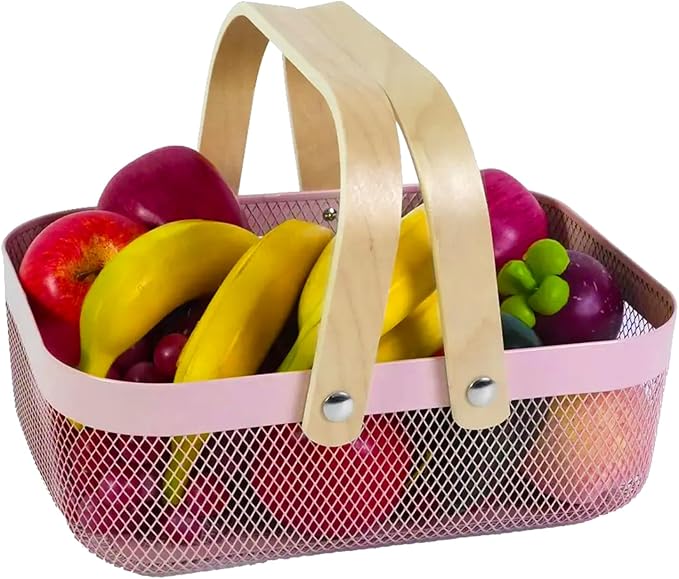 Metal Mesh Steel Basket, Storage Organizer Basket Garden Harvest Basket Multi-functional Kitchen Fruit Baskets Bin with Wooden Handle for Bathroom Picnic Shopping Decor Cabinet Home, Pink