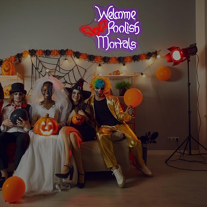 Welcome Foolish Mortals Neon Sign Halloween LED Neon Signs for Wall Decor Halloween Neon Light USB Light Up Sign for Halloween Decor Halloween Party Decoration,Door,Windows,Bar,Man Cave