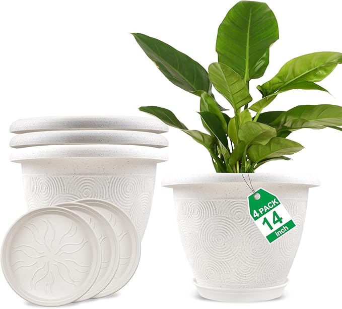 Plastic Flower Pots Planters for Indoor Plants, 4 Pack 14 Inch White Plant Pots with Drainage Hole & Tray, Modern Decorative Large Plant Pot with Saucer for Indoor Outdoor Plants Garden House Planter