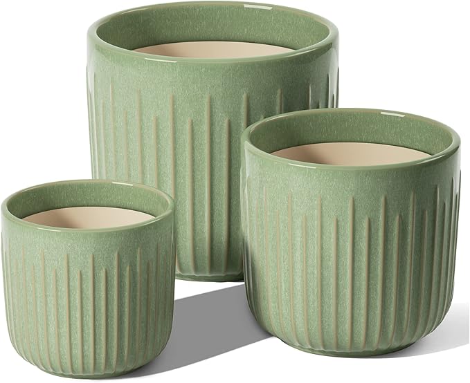 LE TAUCI Ceramic Planters, 8.3+6.9+5.7 Inch Plant Pots for Indoor Plants, Set of 3 Flower Pot with Drainage Holes, Large Round Planters Pot for Indoor House Plants, Reactive Glaze Sage Green