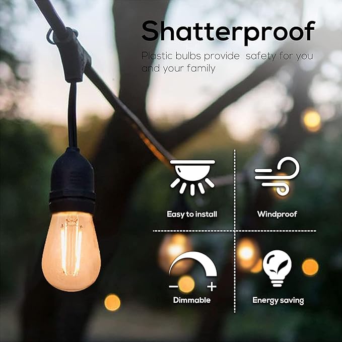 Banord Outdoor String Lights Vintage LED Filament Bulb, Shatterproof E26 Screw Base Edison LED Light Bulbs for Indoor & Outdoor Use 100 Pack