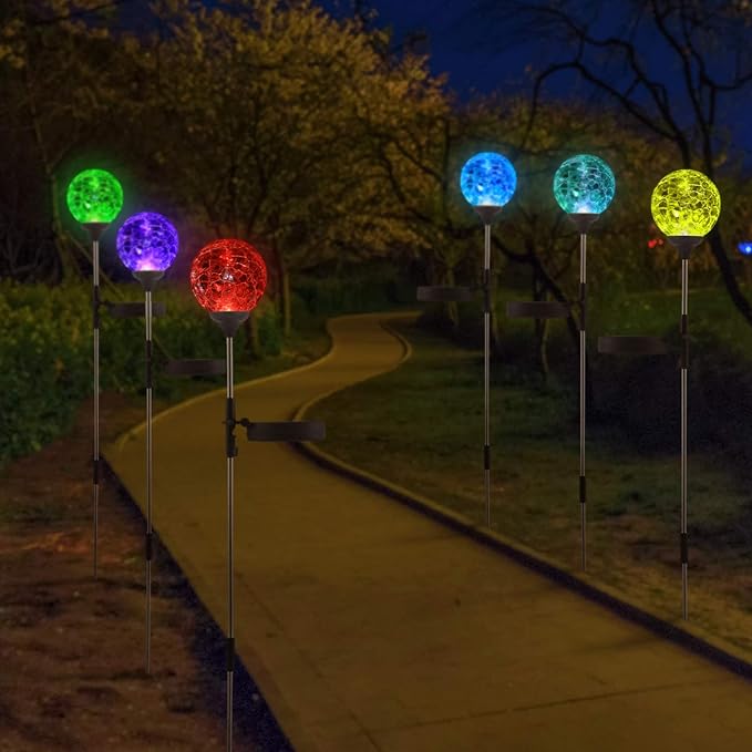 WNP Solar Outdoor Lights,Color-Changing Solar Garden Glass Globe Lights,6 Pack Decorative Solar Powered Stake Ball Light for Yard,Waterproof Decor Solar Pathway Lights for Christmas Decoration