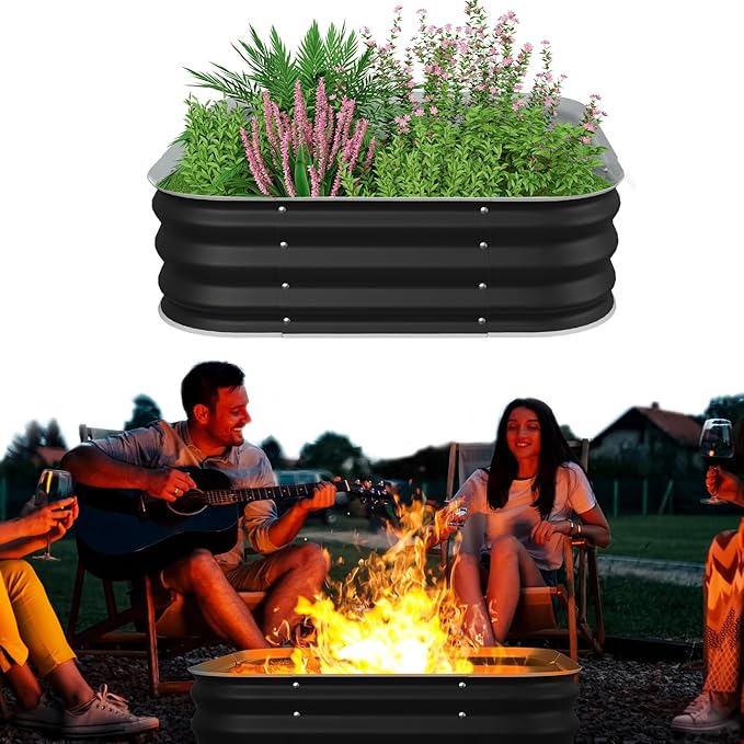 Fire Pit 48 Inch, Square Galvanized Steel Fire Pit for Outside, Heavy Duty Steel Fire Pit In-Ground for Backyard, Camping, Bonfire, Flower Raised Garden Bed for Garden, 11 Inch High