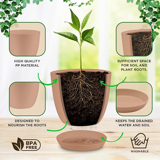 Planter Pots with Drainage Holes - Lightweight, Durable, and Space-Saving Pots for Indoor and Outdoor - Versatile Functionality, Simple Modern Design, Set of 5 Plastic Planter Pots - Pink