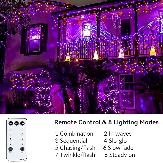 Purple and Orange Halloween Lights, 800LED 330FT String Lights 8 Modes Timer Plug in Waterproof Indoor Outdoor Christmas for Garden Party Decoration, JT-EL/FC300V0200