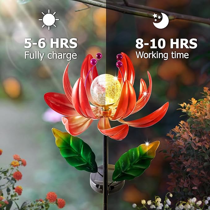 Solar Lights Outdoor Wind Spinners, Metal Lotus Flower Garden Decor with Waterproof LED Crackle Glass Globe for Patio Lawn Yard Outdoor Decor